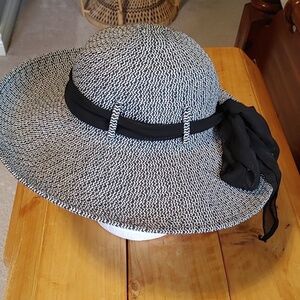 Rima Black & White Herringbone Large Brim Sun Hat with Black Scarf Band